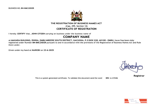 Kenya certificate of registration Word and PDF template